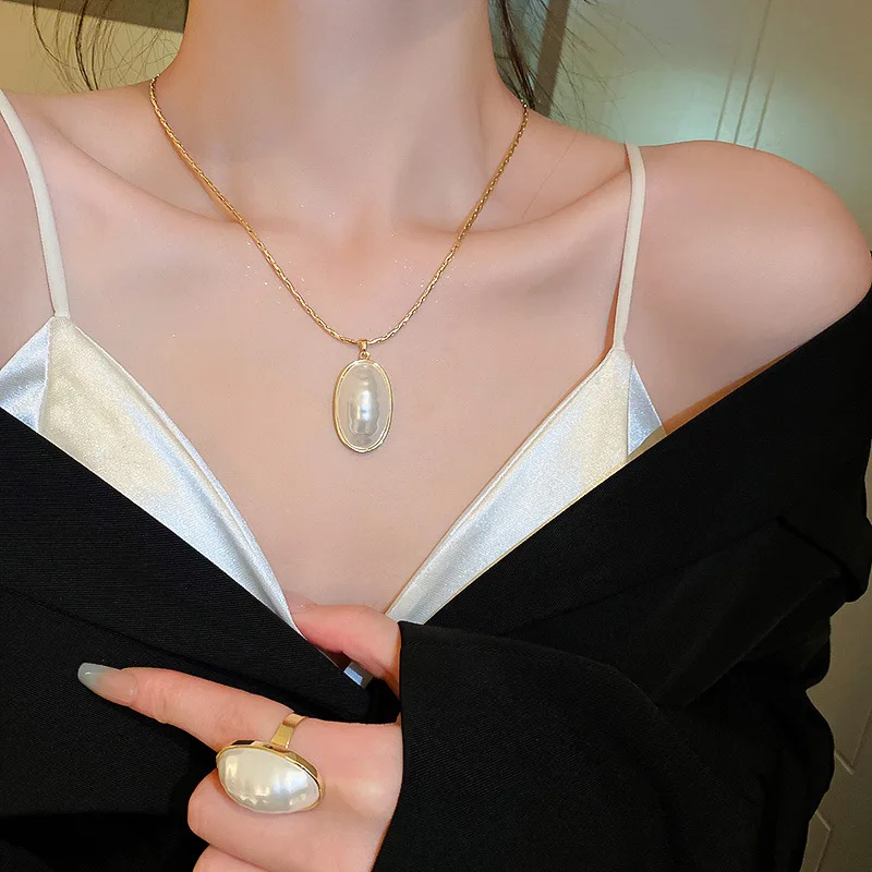 Conjunto de Joyería de Perlas de Imitación Elípticas para Mujer, Cadena para Clavícula de Estilo Delicado y Elegante, Conjunto de Joyería de Alta