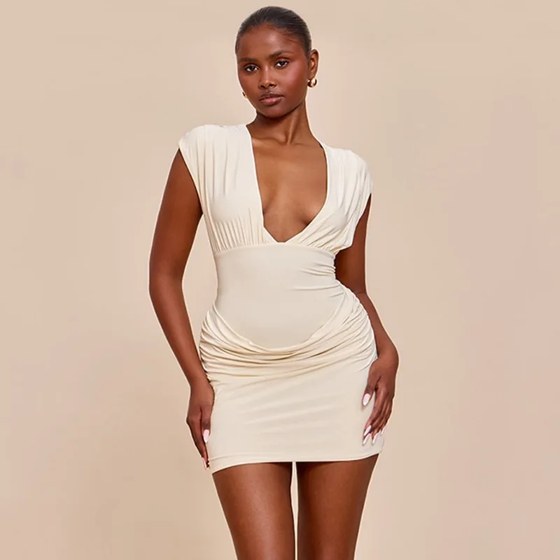 

2025 New Fashionable Waist-hugging Short-sleeved Dress Women Summer Sexy Solid Color V-neck Pleated Mini Dresses For Women