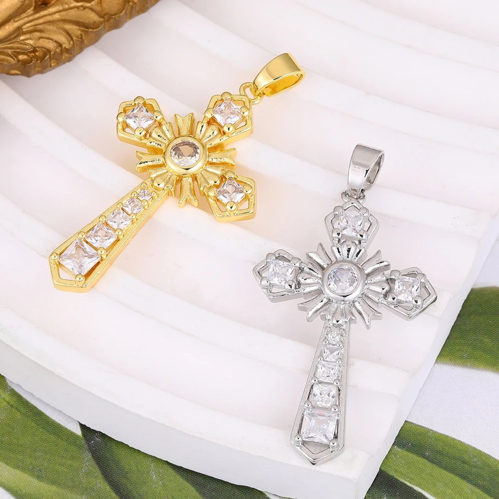 Juya DIY Religious Pendant Supply Handmade 18K Plated Cubic Zirconia Cross Charms For Women Men Prayer Christian Jewelry Making