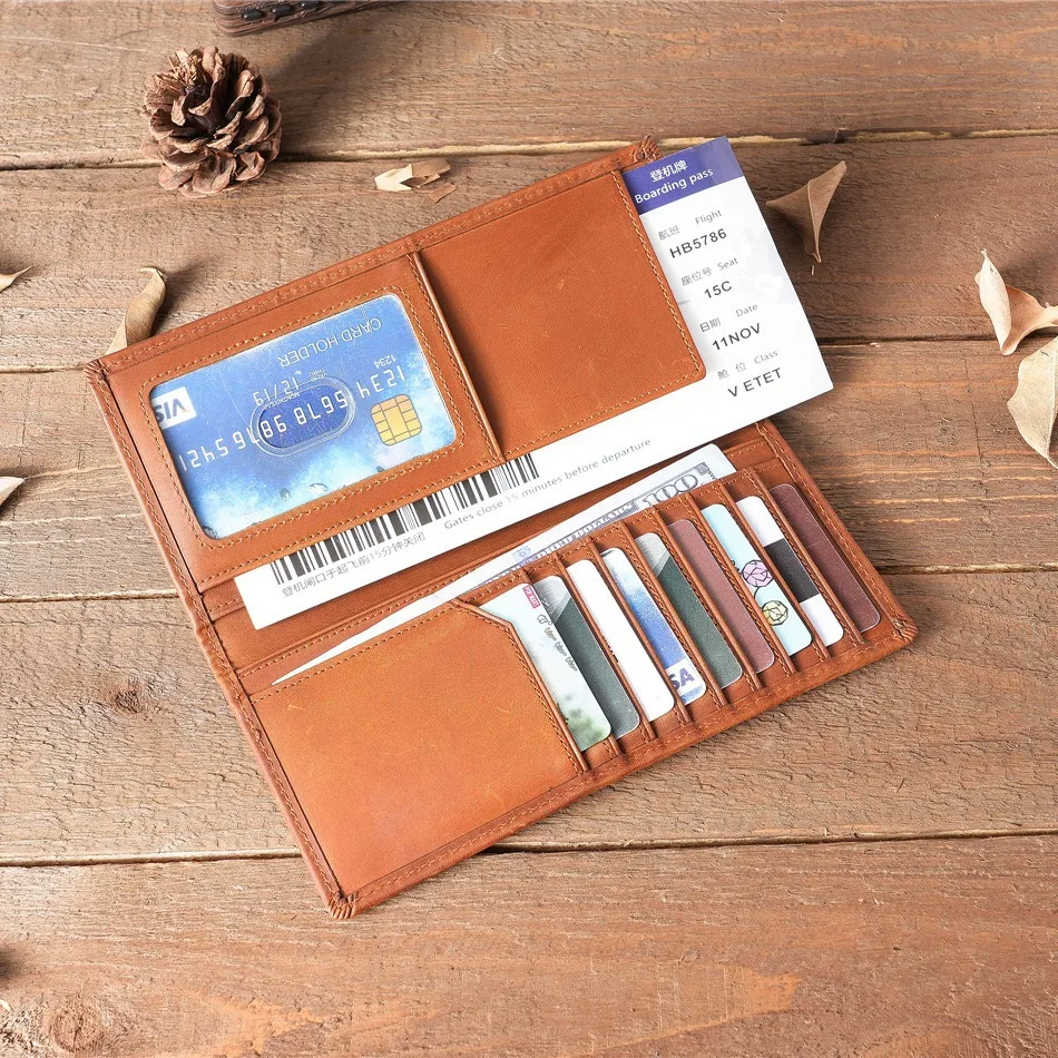 

Кожаный длинный кошелек унисекс Crazy Horse в стиле ретро, большая емкость, слоты для нескольких карт, мужской и женский кошелек-органайзер для наличных карт