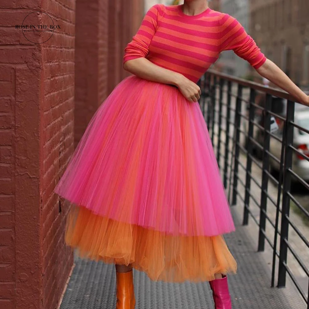 Falda plisada hasta la rodilla de tul para mujer, falda de tutú de colores mezclados, ropa de baile, fiesta de graduación, disfraz, moda de calle alta de verano