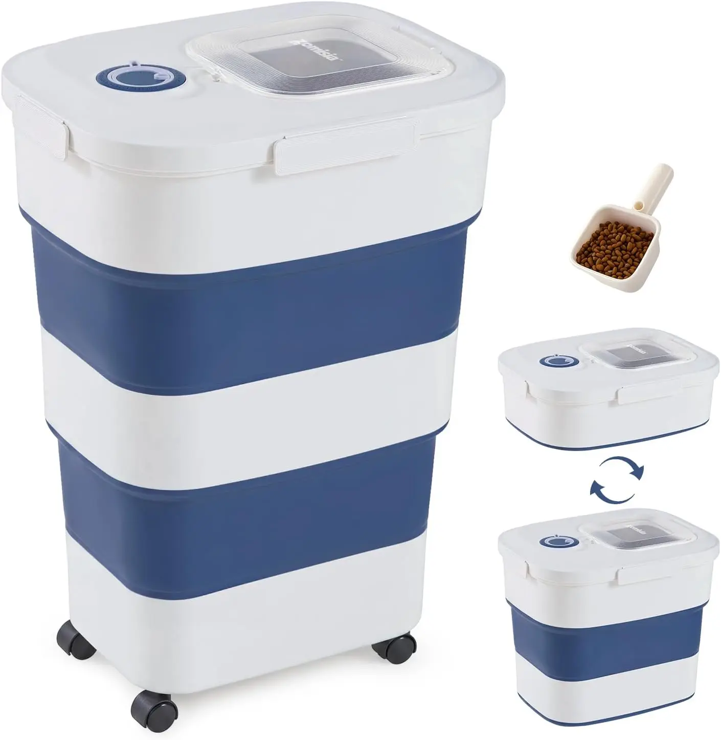

Large Capacity Collapsible Dog Food Storage Container with Wheels, Airtight, Blue, 40-50lbs