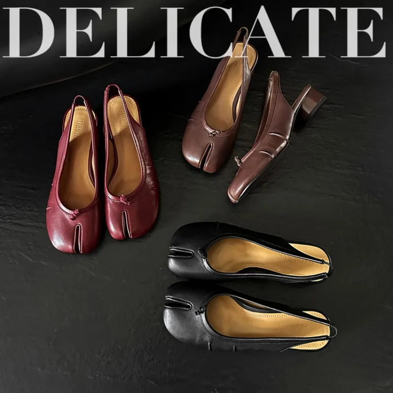 Echte Leder-Sandalen mit geteilter Zehenpartie für Damen, Vintage Slingback Pumps mit klobigem Absatz, Sommer-Neuheit Tabi-Schuhe Größe 34-43, Langlebiges Rindsleder