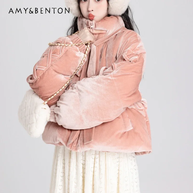 2024 New Winter Sweet and Cute Pink Stand-up Collar Lace-up Velvet Short Down Jacket For Women