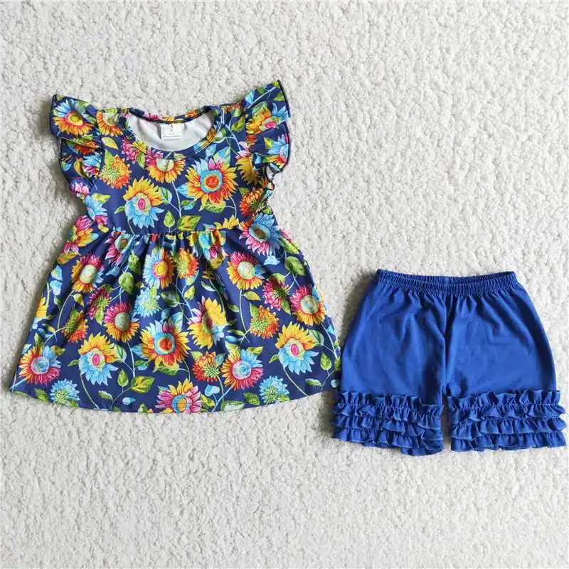 

Wholesale Girls Summer sleeveless Shorts With Multi-Element Pattern Printing And Bright cColors With Three Layers Of Ruffle