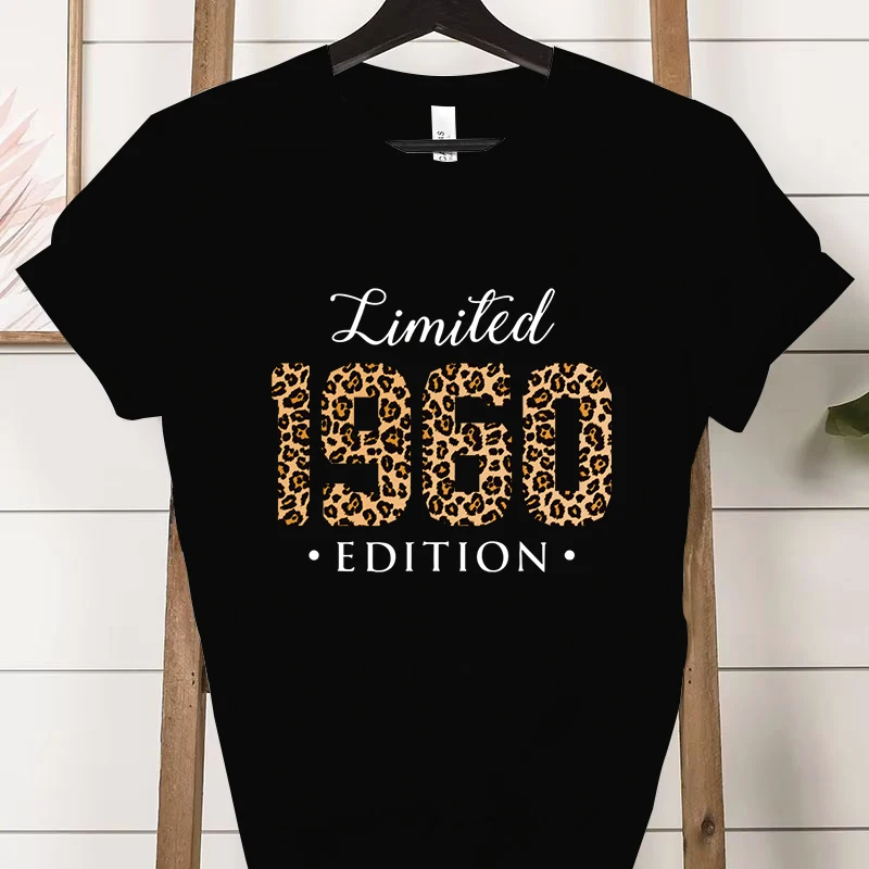 Vintage 1960 Birthday Graphic T-Shirt for Women Short Sleeves Vintage Limited Edition 1960 Leopard Tshirt Streetwear Women Tops