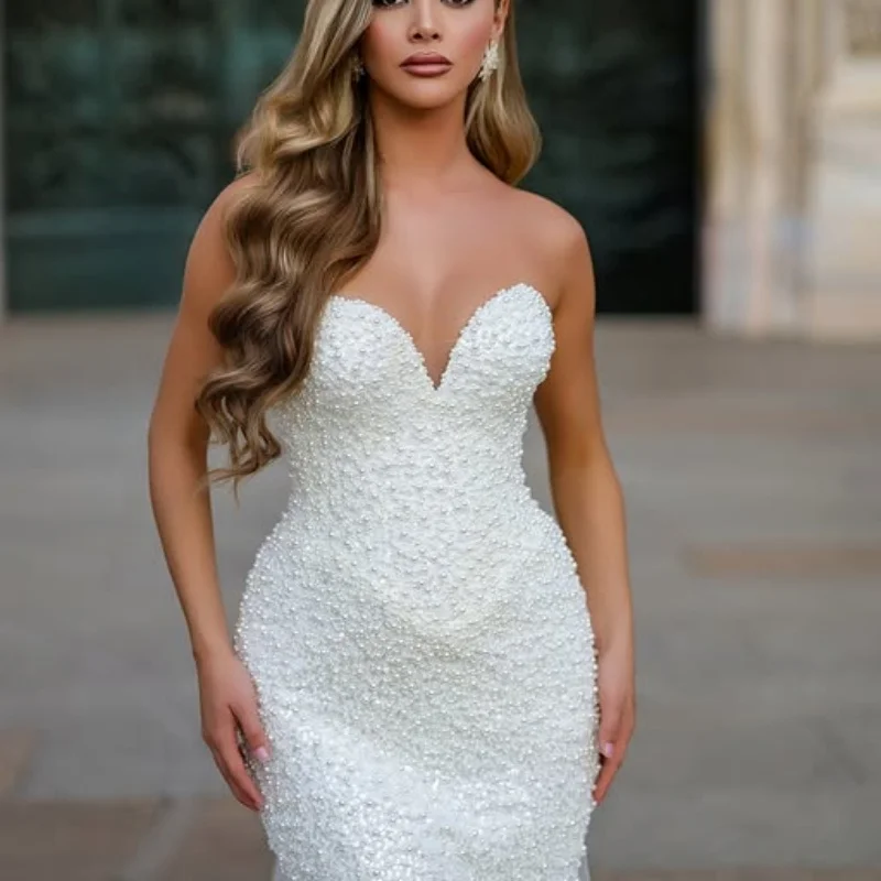 

Shiny Lace ivory Appliques Wedding Dresses off-shoulder fishtail Pearl jewelry decal Bridal Gowns Made Customized