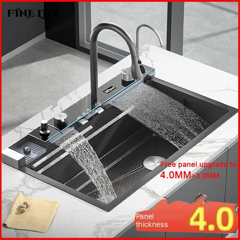 

Waterfall Sink Kitchen Stainless Steel Topmount Sink Large Single Slot Wash Basin With Multifunction Touch Waterfall Faucet