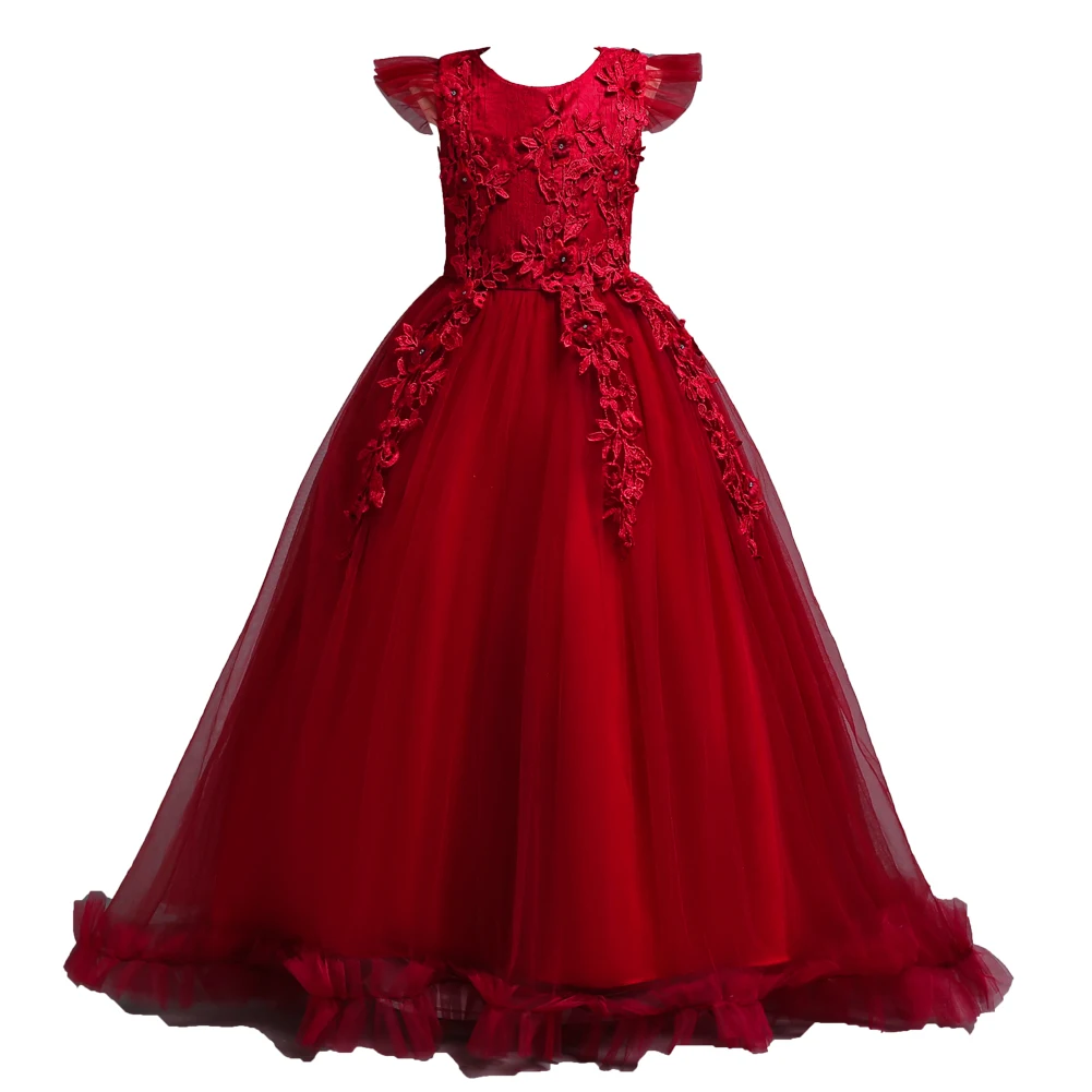 Red New Girl Flower Elegant Long Dress FOR 4 to 14 years Children\'s Ball Embroidered Princess Dress