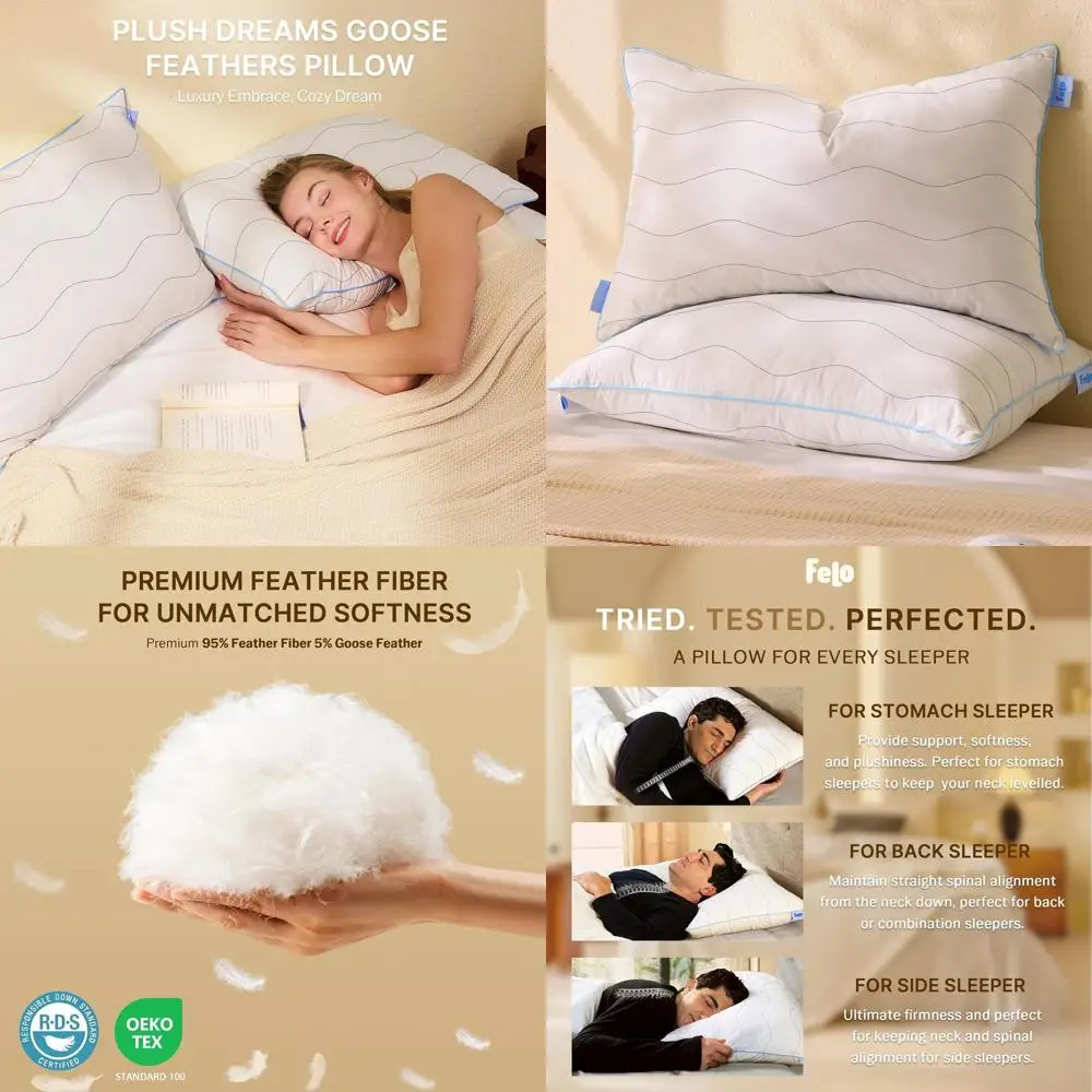 

Queen Size Set of 2 Down Pillows, Hypoallergenic Goose, Luxury Support for Side and Back Sleepers, 100% Organic Cotton Cover (20