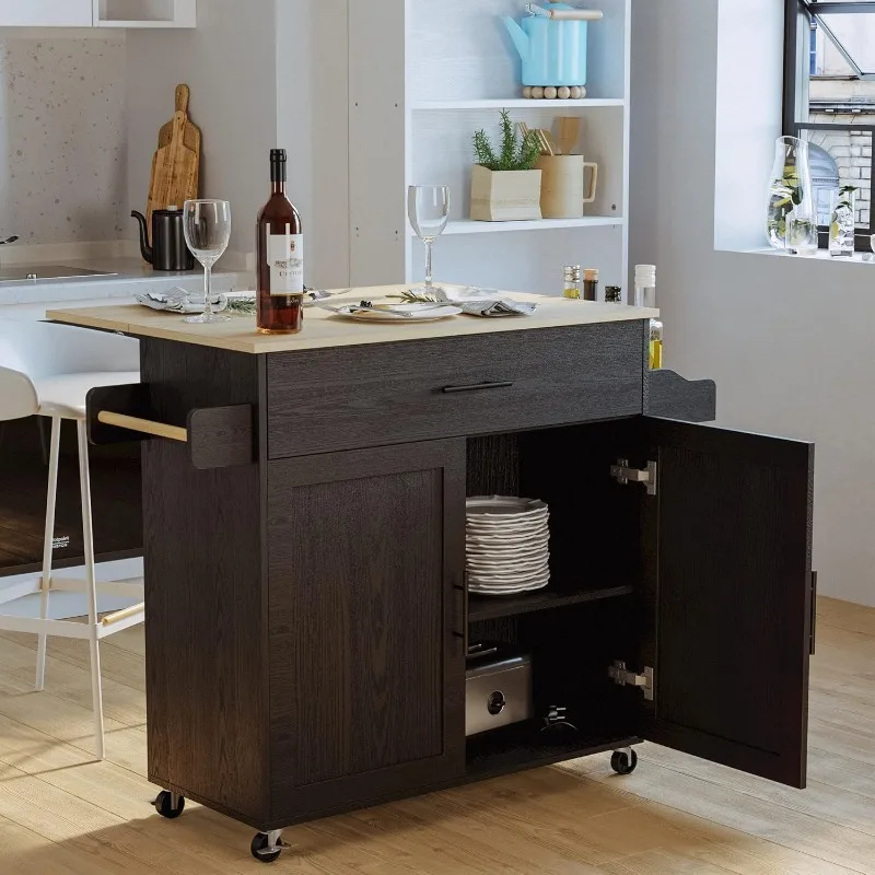 Rolling Kitchen Island Table on Wheels with Drop Leaf,Storage Cabinet, Drawer, Spice/Towel Rack, Kitchen Cart, 47.25