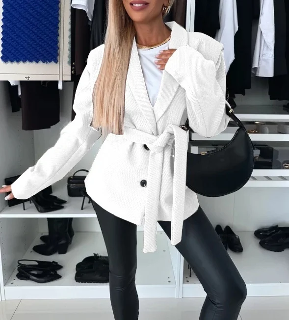 Autumn and Winter Fashion Long Sleeved Suit Collar Strap Twill Woolen Coat Temperament Commuting Casual Coat for Women