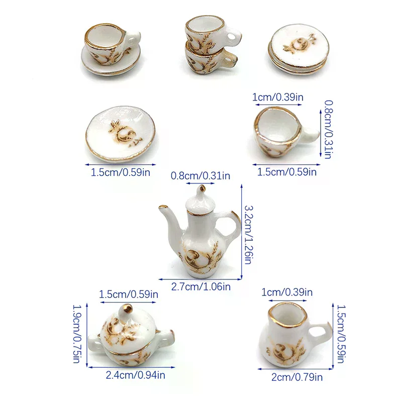 11Pcs/set 1:12 Dollhouse Miniature Ceramic Brown Rose Teapot Tea Set Wine Set Tableware Mini Tea Cup Wine Glass Model Decor Toy