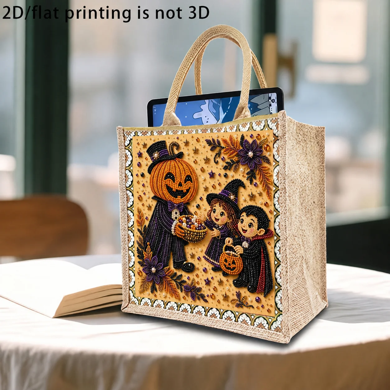 DIY Pearl Bead Diamond Jute Grocery Tote Bag Cute Pumpkin Vampire Large Capacity Burlap Shopping Handbag Halloween Party Gift