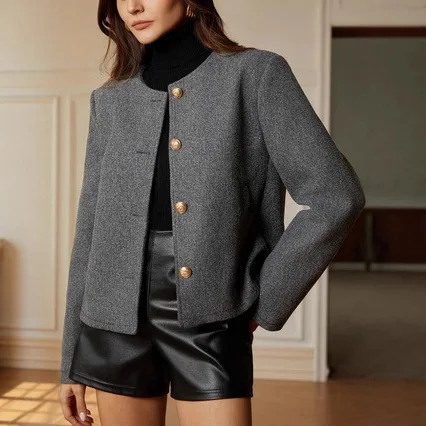 

French Short Blazer Women's Button Single-Breasted Design Grey Office Tailored Jacket Luxury Elegant Spring/Autumn Coat