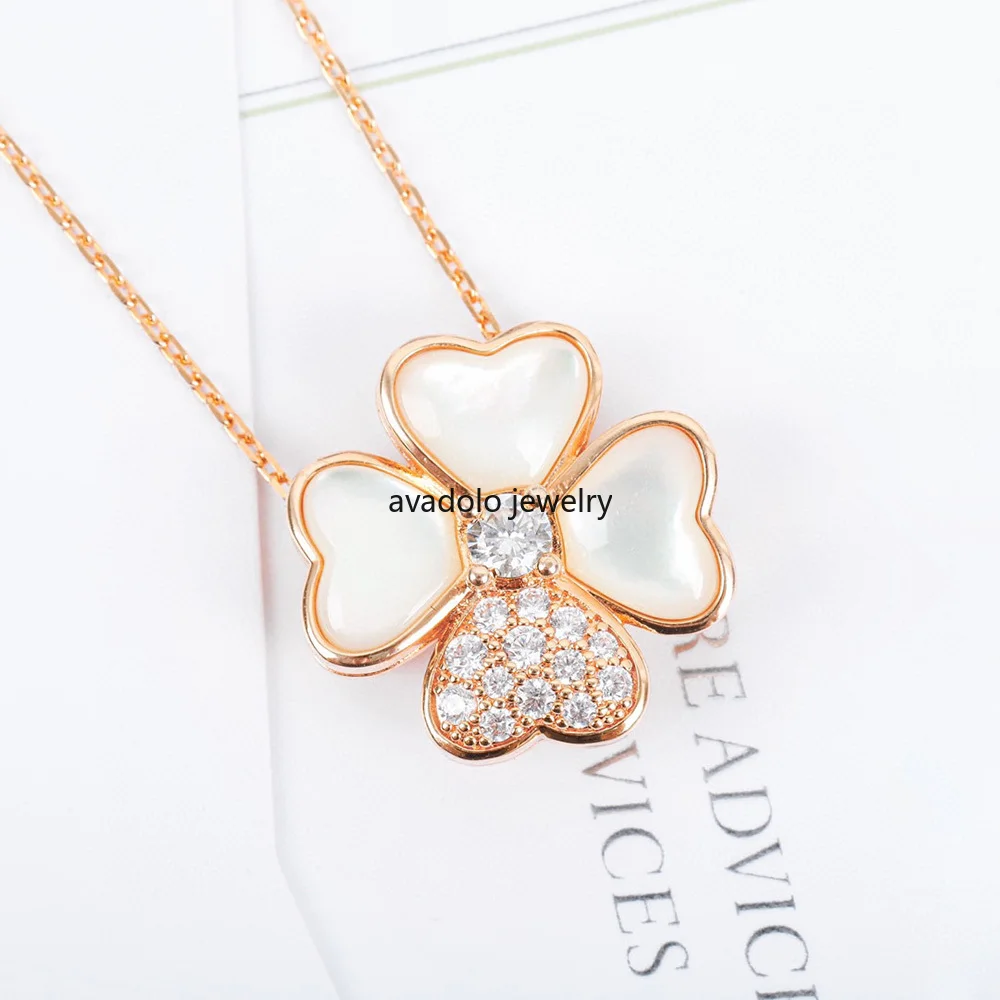 Luxury Brand Glossy Mother Pearl Heart Shell Clover Broosh Pendant Necklace Zircon Earrings for Women 925Sterling Silver Jewelry