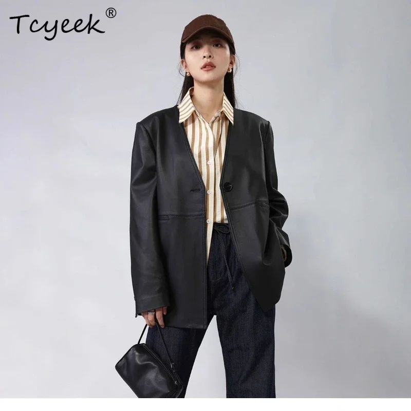 Tcyeek 100% Sheepskin Coats Woman Mid-length Suit Coat High-end Autumn Clothes Fashion Real Leather Jacket Women 2026 Jaquetas