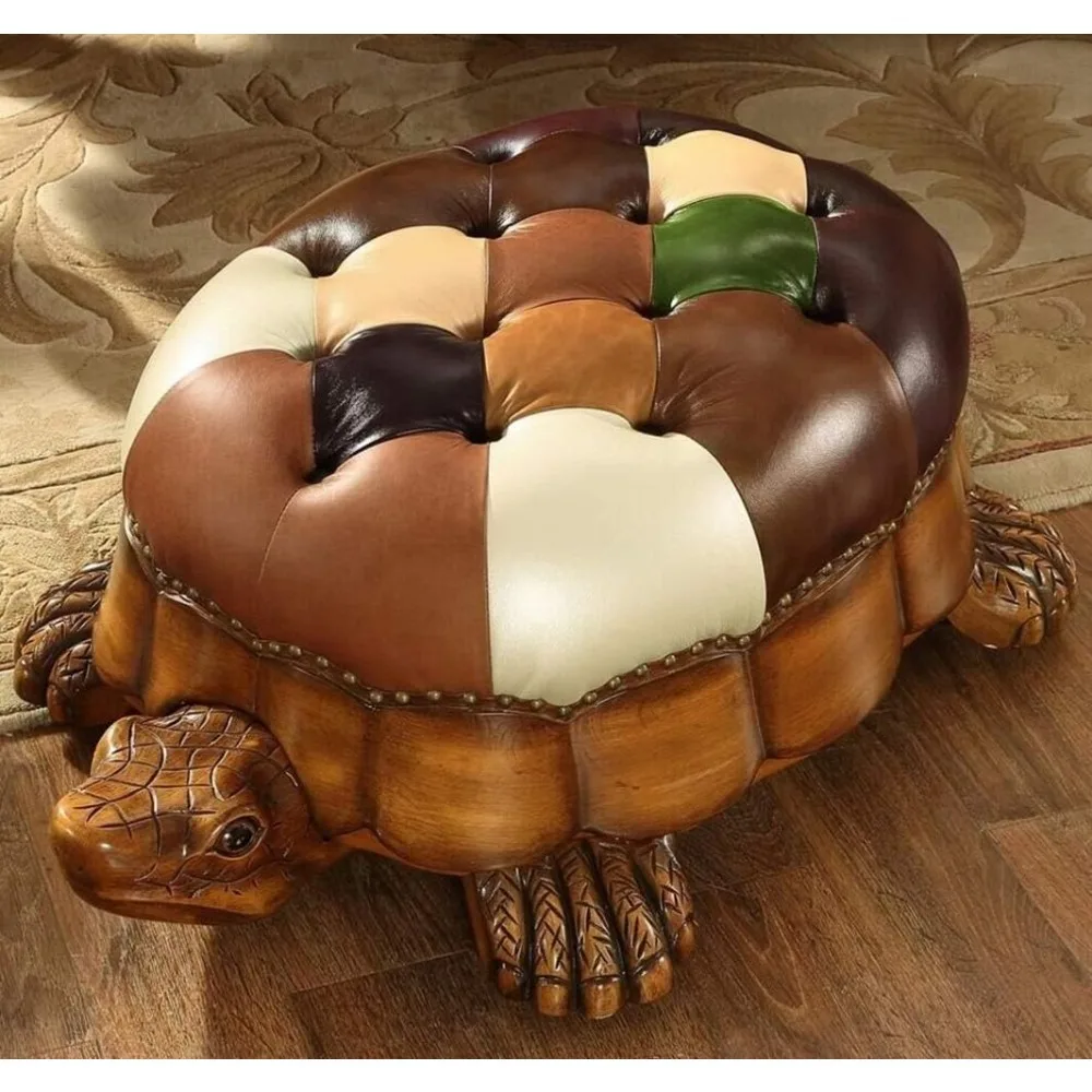 Wood Ottoman Footstool, Ofa Stool, Leather Upholstered Vintage Turtle Footrest Stool with Wheels, Move Freely, Stools & Ottomans