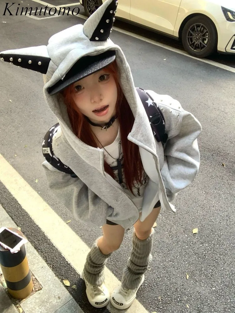 

Kimutomo Hoodies Women Ears Autumn Winter Loose Rivet Vintage Y2k Harajuku Grunge Jackets Ladies Fashion Casual Sweatshirts