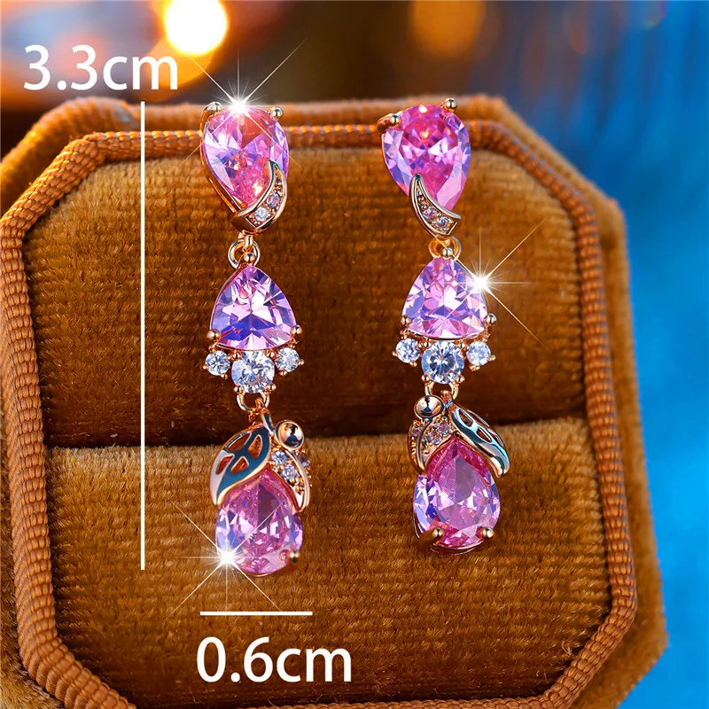 Luxury Female Pink Zircon Stone Clip Earrings Charm Gold Color Wedding Jewelry For Women