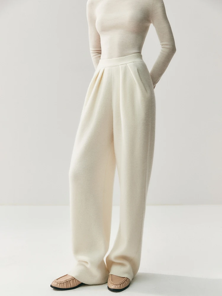 Autumn Winter 100% Cashmere Pants Women's Elastic Waist Straight Pants Pleated Invisible Insert Bag Chic Loose Knitwear Trousers