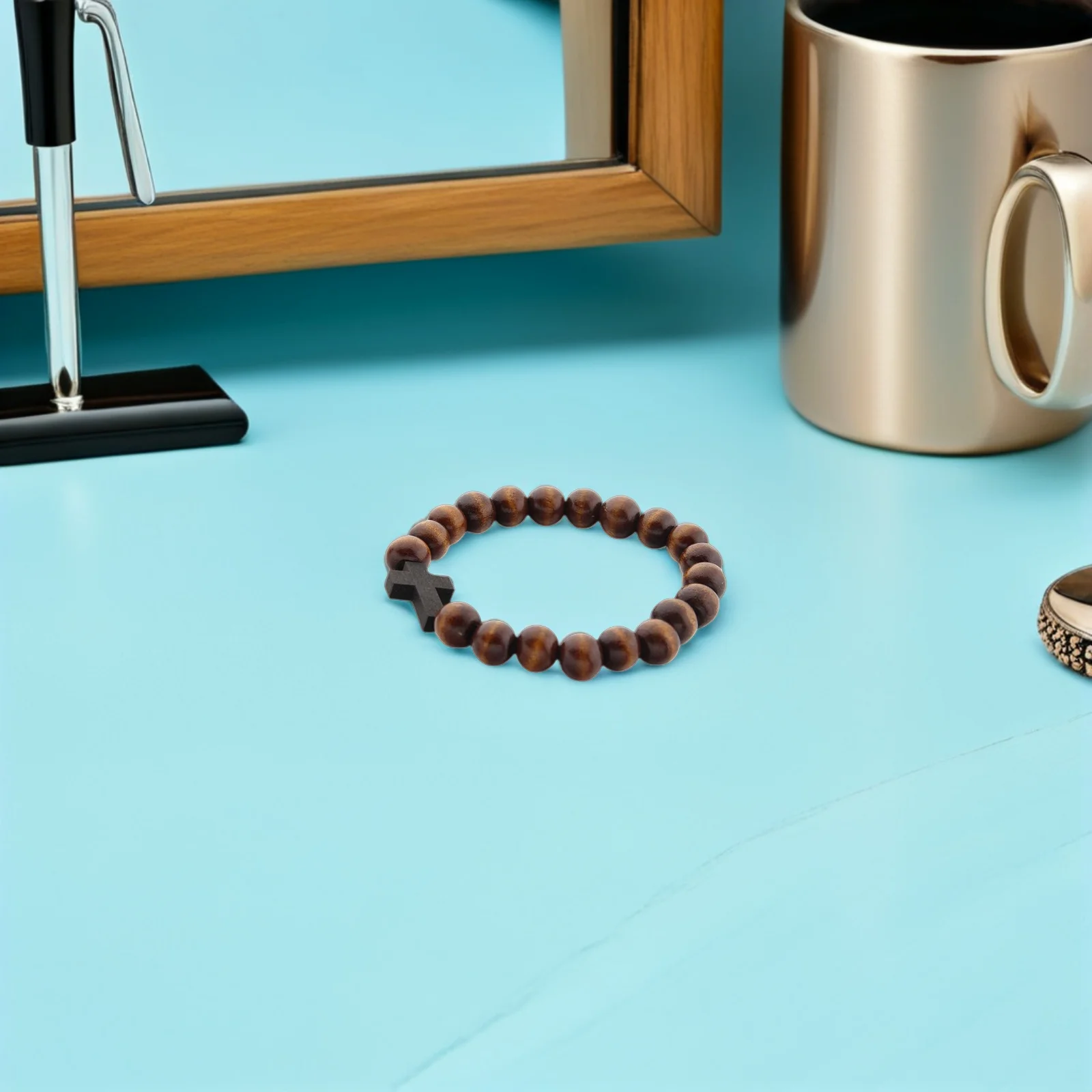 สร้อยข้อมือลูกปัดไม้ทำมือ 5 ชิ้น พร้อมจี้ไม้กางเขน สำหรับสื่อถึงศรัทธาทางศาสนา คริสต์นิกายคาทอลิก  เหมาะสำหรับผู้ชายและผู้หญิง