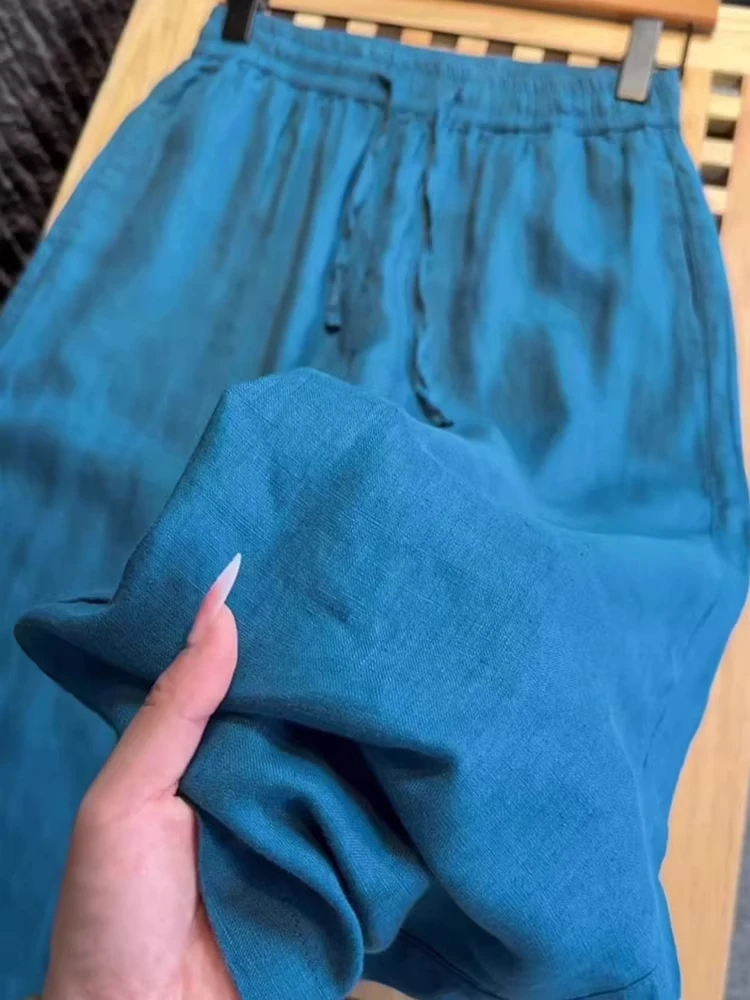 

High Waist Straight Leg Linen Pants Blue Thin Loose Drapey Wide Leg Long Trousers for Women Summer Season Casual Style