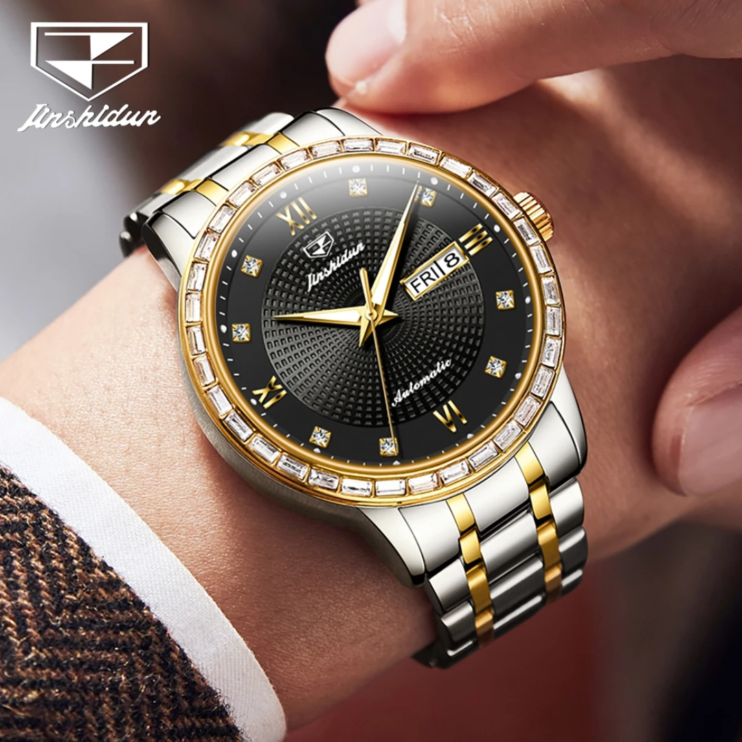 JSDUN 8959 Business Mechanical Watch Gift Stainless Steel Watchband Round-dial Wristwatch Week Display Calendar