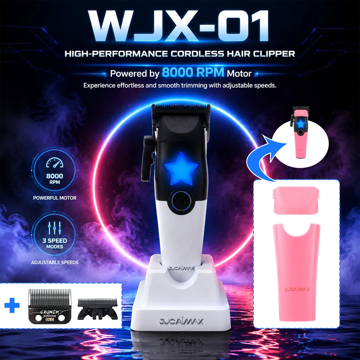 JUCAI WJX-01 Electric Hair Clipper Brushless Motor 8000RPM DLC Blade with Base Charger Men's Haircut Machine Professional Barber