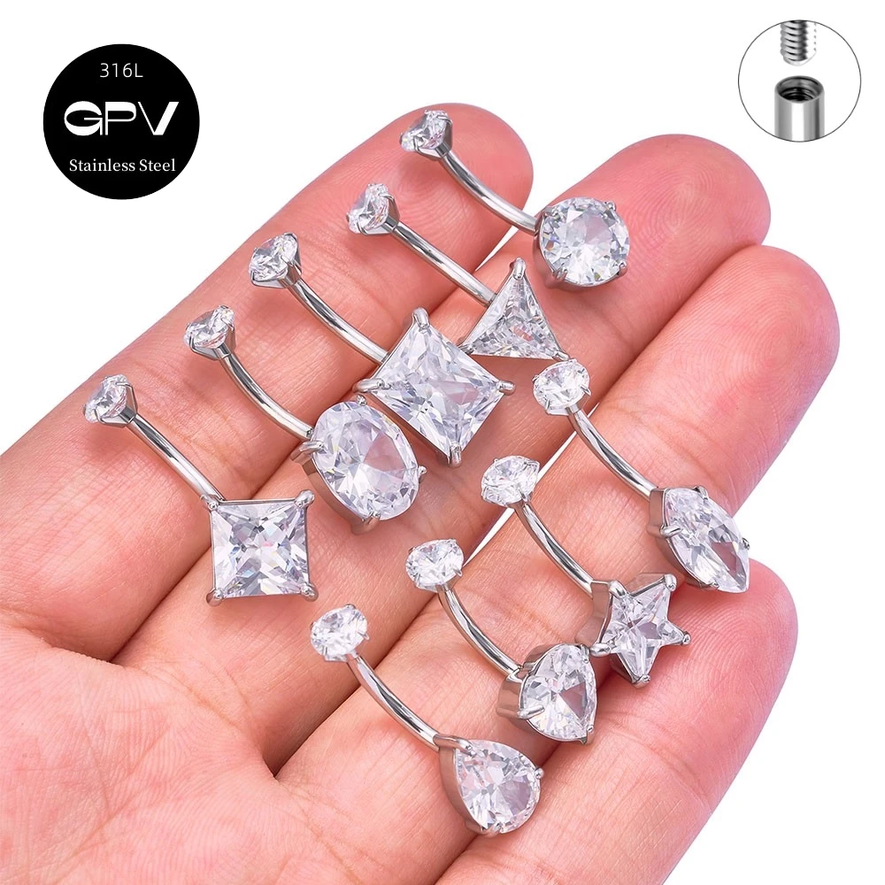 1/2PCS  316L Implantable Stainless Steel Multiple CZ Navel Rings Women's Perforated Jewelry Umbilical Nails Umbilical Jewelr