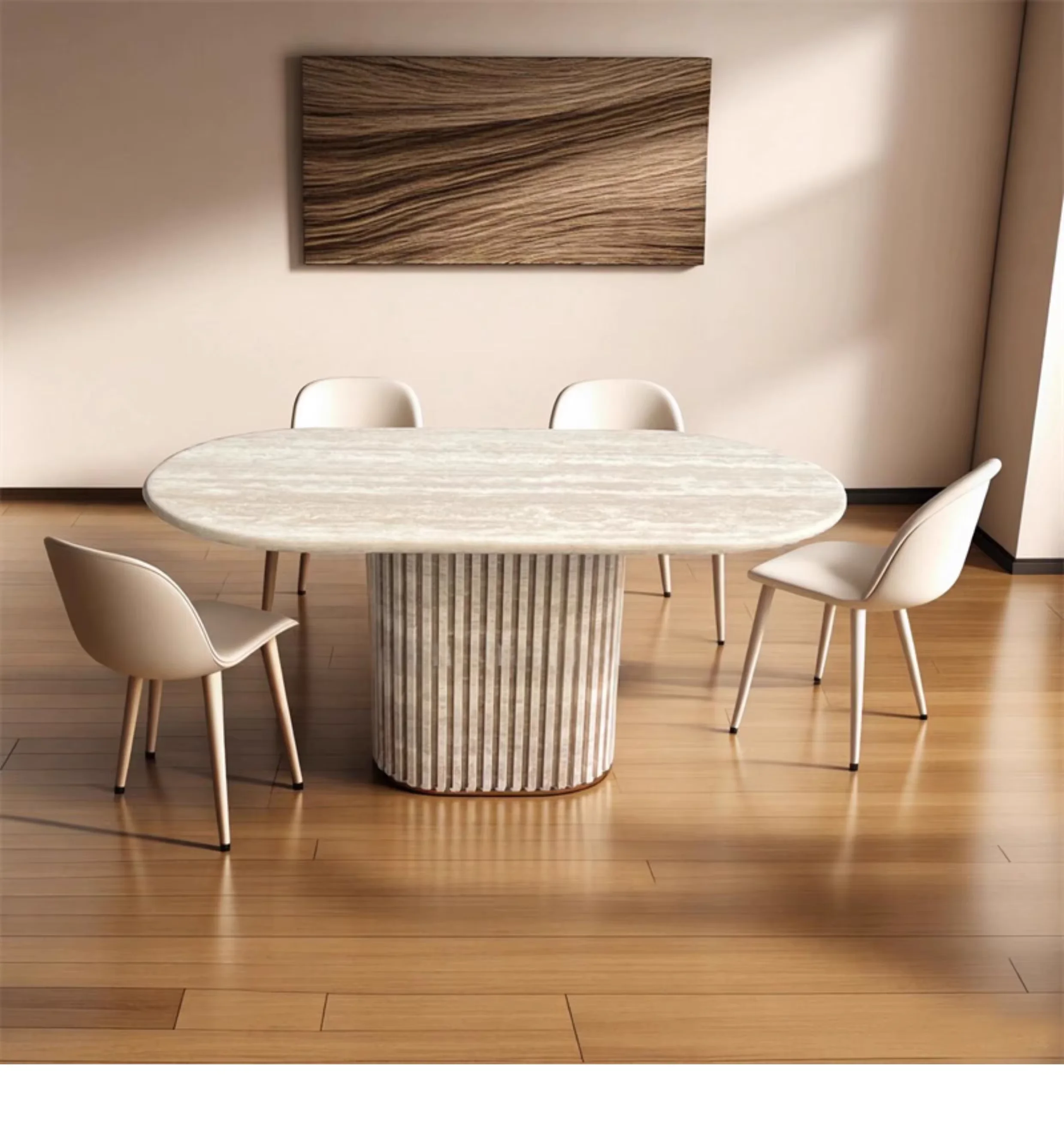 Modern Customized Natural Beige Travertine Dining Table Stone Coffee Tables Table Fluted Oval Marble Travertine Dining Table