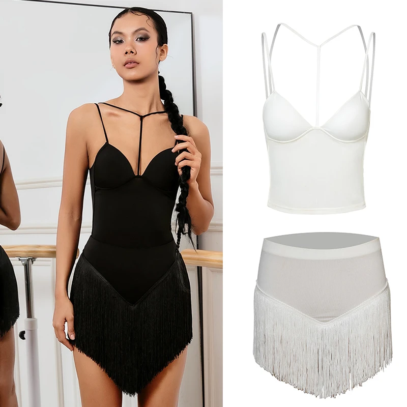 

Latin Dance Dress Women Summer Sexy Vest Tops Fringe Skirt Adult Cha Cha Rumba Dance Clothes Competition Clothing Black BL12374