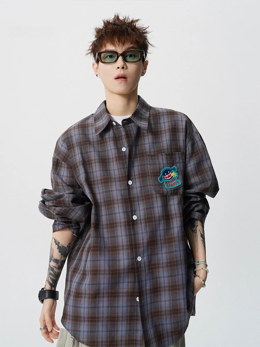 

Retro American Cartoon Embroidered Plaid Long Sve Men's irt Casual Loose Outerwear Spring Faion Urban Sle Breathable