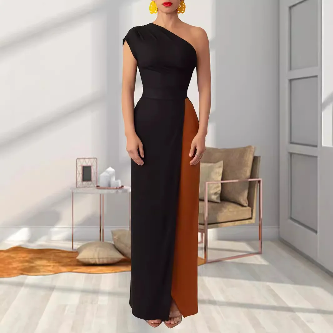 

Color blocked Single Shoulder Long Dress Wedding Guest Dress Elegant Style