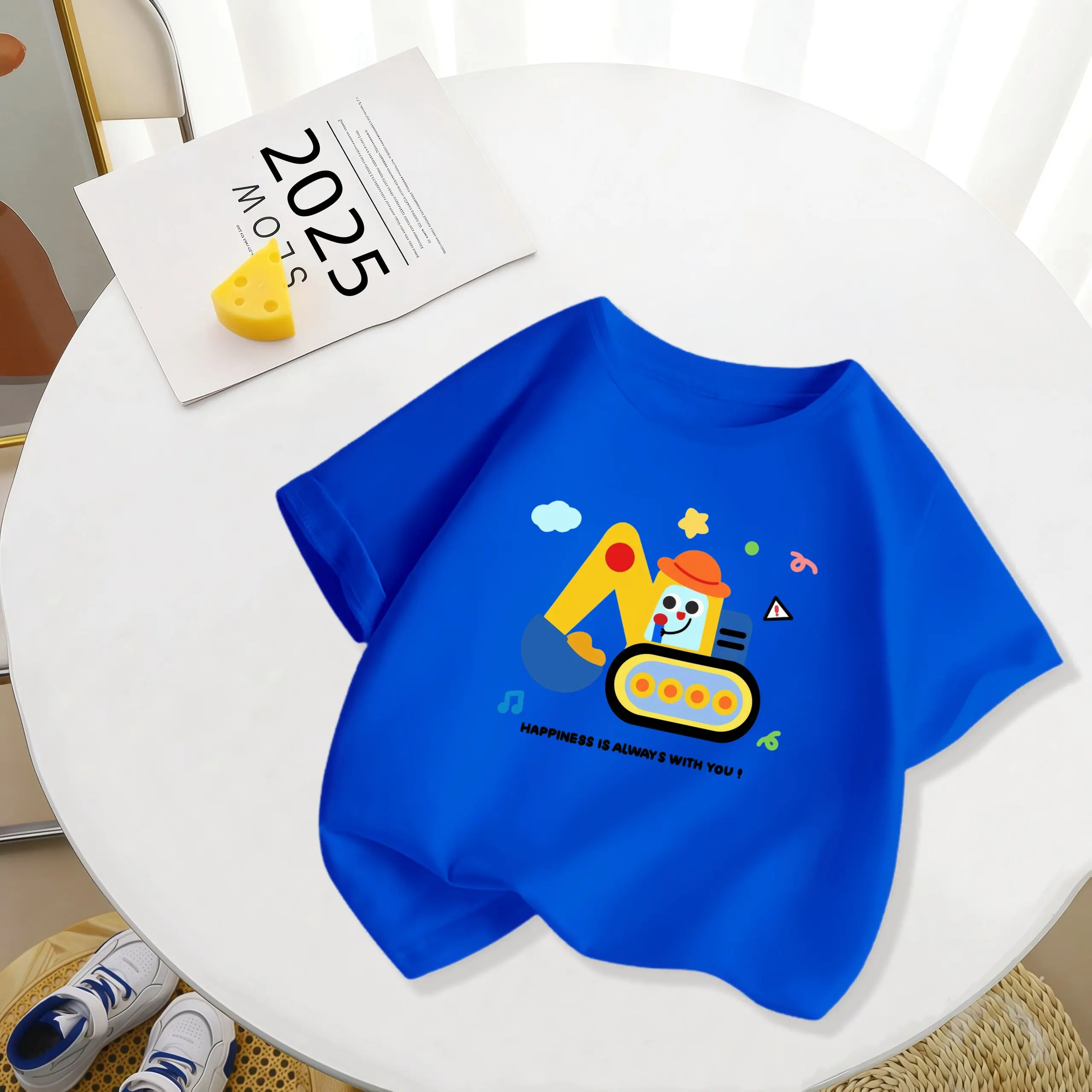 Boys' Short Sleeved Children's T-shirt Summer Cartoon Excavator Skin Friendly Half Sleeved Girls' T-shirt Parent-child Outfit