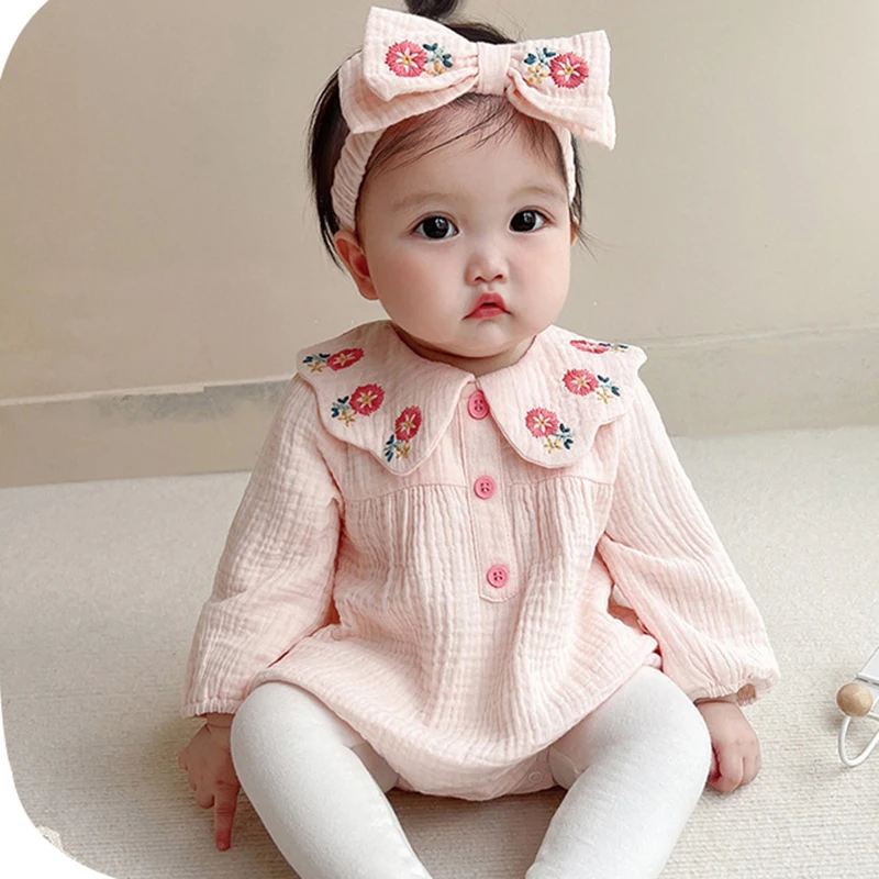 Newborn Baby Girl Bodysuits+Hair band Flower Embroidery Cotton Long Sleeve Infant Baby Girls Jumpsuit Spring Autumn Baby Clothes