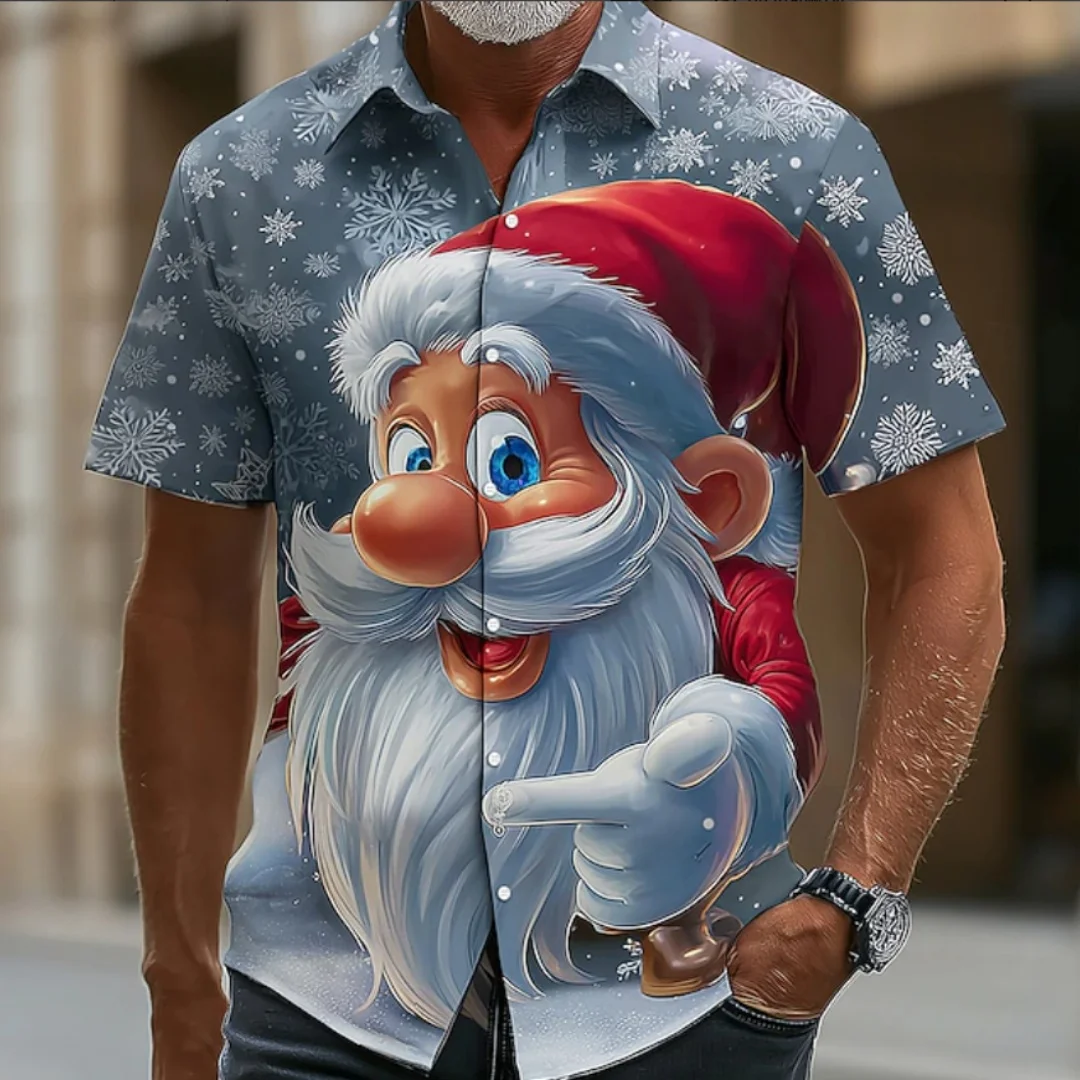 

Christmas Men's Cartoon Santa Claus Snowflake Shirt Short Sleeve Fun Outdoor Festival Spring and Summer Lapel 3D Printing