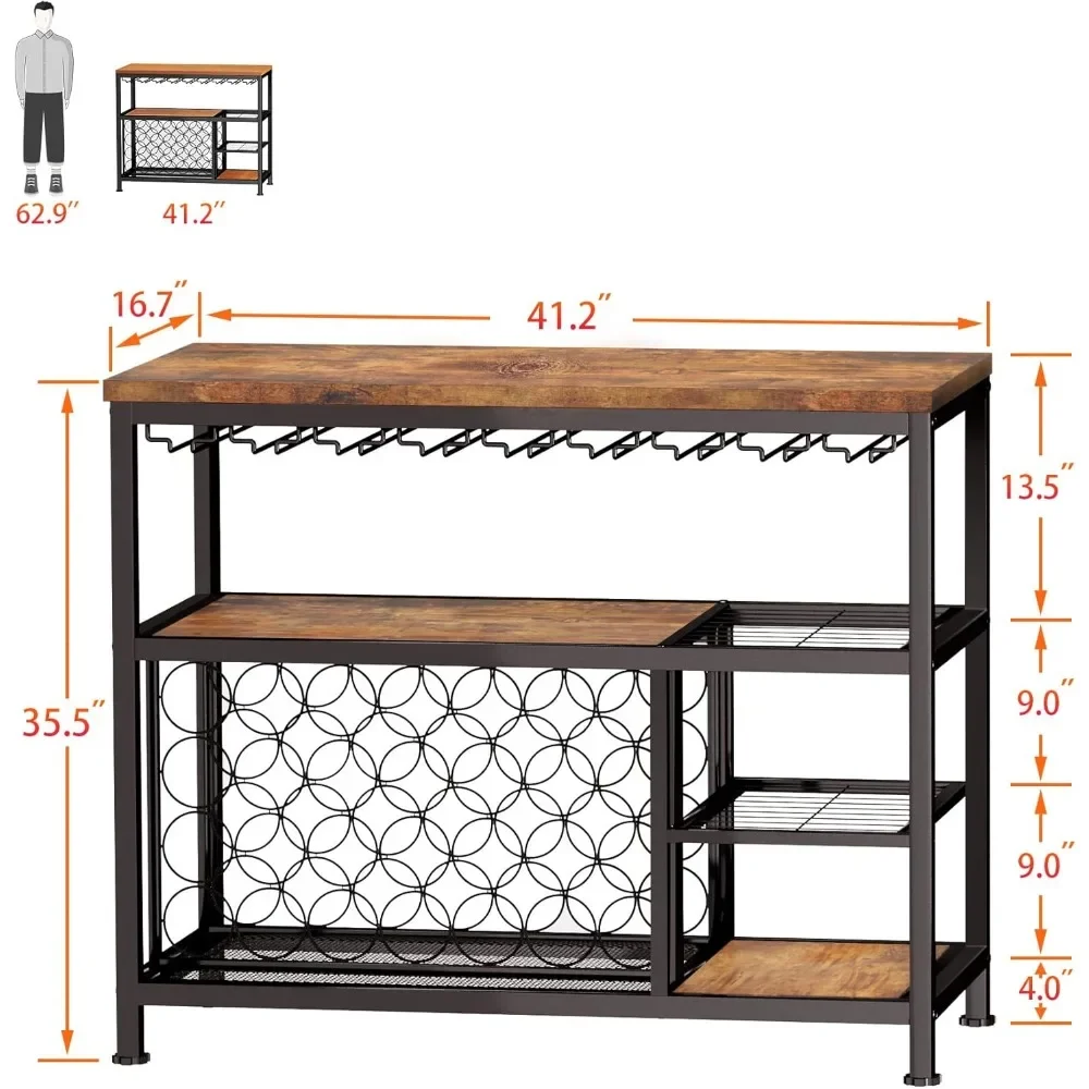 Industrial Wine Bar Gabinete com Armazenamento Wine Rack, Independente para Licor e Copos, Rústico Coffee Bar, Vintage Mini Bar