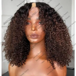 Kinky Curly Ombre Caramel Brown U Part Wigs Black Roots Remy Virgin Hair Natural V Part Wig with Clip for Black Women 200Density