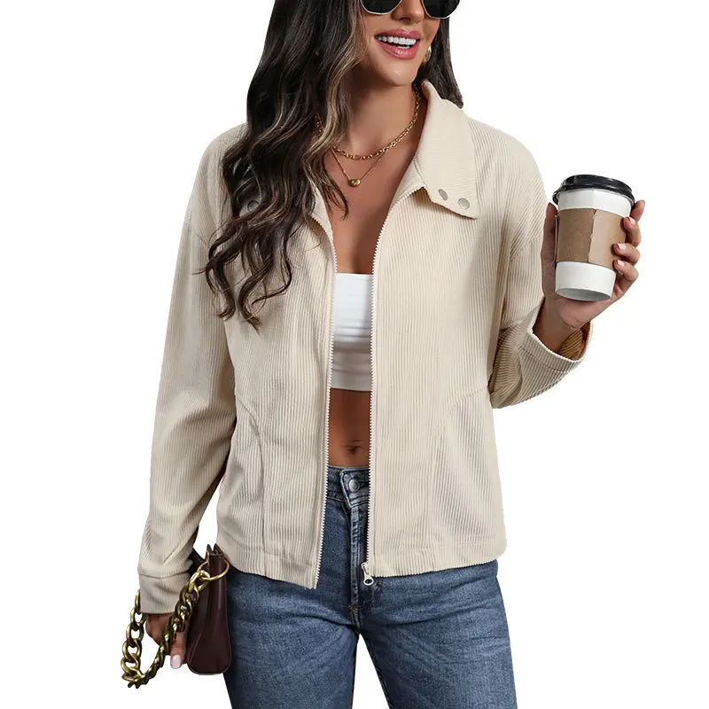 Corduroy Jacket Retro Cardigan Zipper Pocket Women's Coat in Autumn and Winter 2025