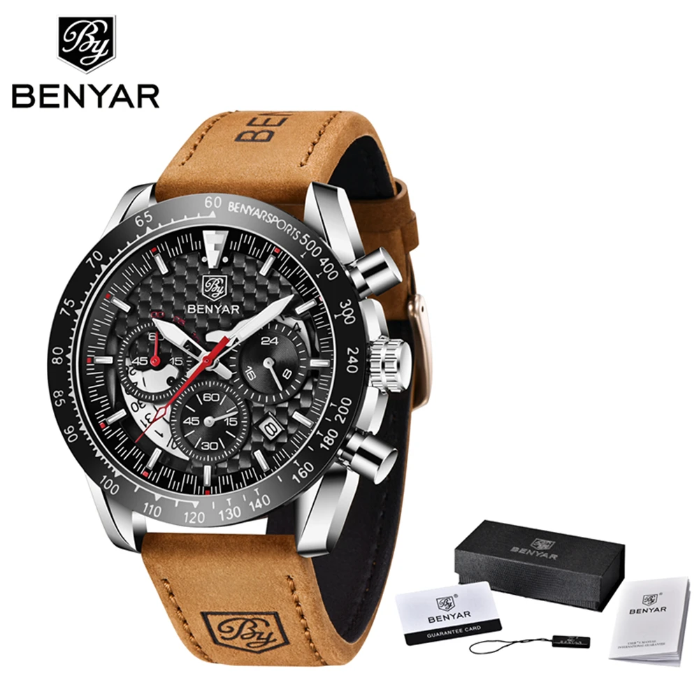 Benyar Design Sport Marke männer Quarzuhr 45mm Vintage Mode Leder 30M Wasserdichte Leucht Chronograph Relogio Masculino