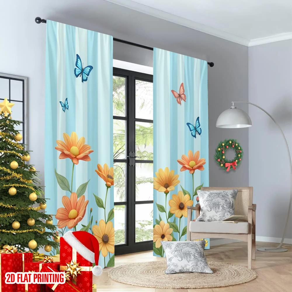 2 قطعة 2D الطباعة المسطحة الستائر الربيع الفراشات الزهور مرج الرقمية المطبوعة البوليستر الستائر زينة الحفلات استخدام ل #4