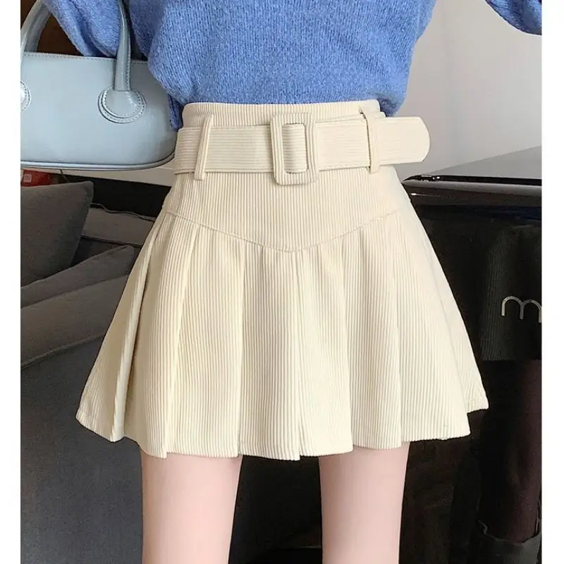 Fashion Zipper Solid Color Sashes Casual Corduroy Mini Skirts Female Clothing 2024 Spring New Loose Korean Pleated Skirts