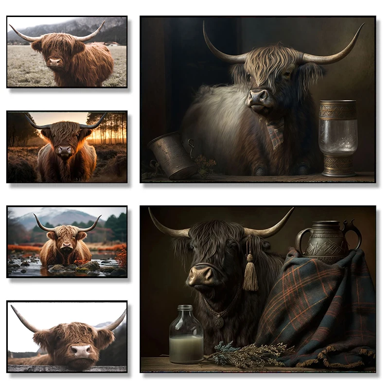 Vintage Noble Cute Scottish Highland Cow Portrait Wild Animal Poster Wall Art Pictures Canvas Painting  Room Home Decor