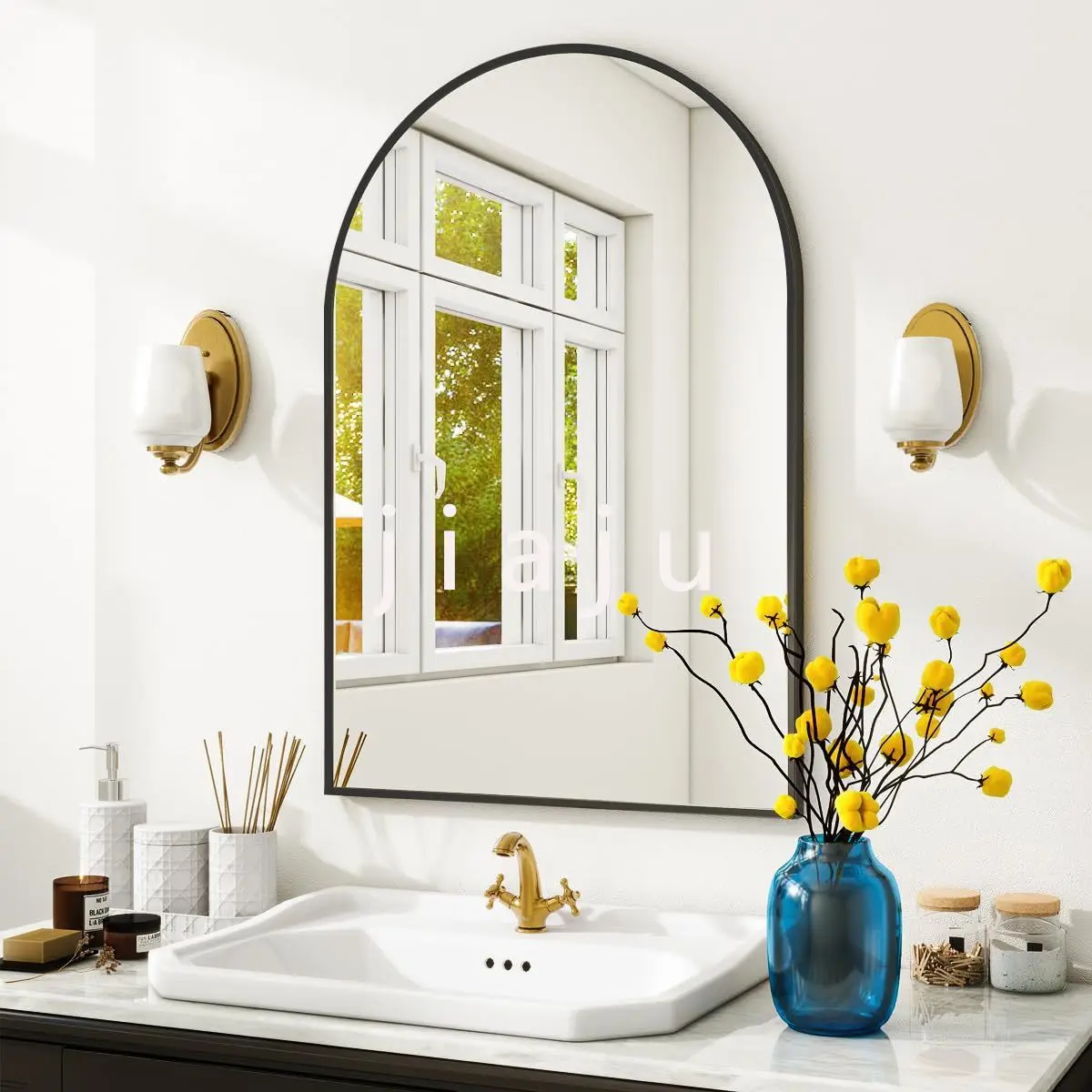 Arched Wall Mirror, 40 x 60CM  Arch Bathroom Mirror, Wall Mounted Vanity Mirror with Arch Metal Frame, Modern Bathroom Mirror