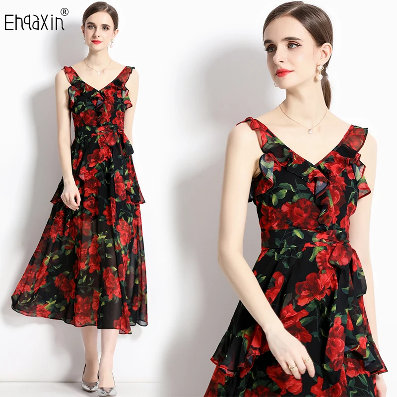 EHQAXIN 2023 Summer Women's Dress Fashion Elegant Sweet Print Lace-Up Large Open Back Temperament Ruffle Edge Long Dresses S-2XL