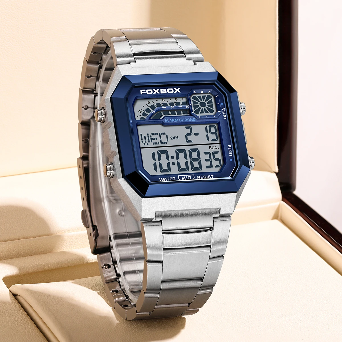 

FOXBOX Fashion Square Stainless Steel Men's Digital Watch Casual Sports Waterproof Quartz Watch For Men LED Alarm Chronograph