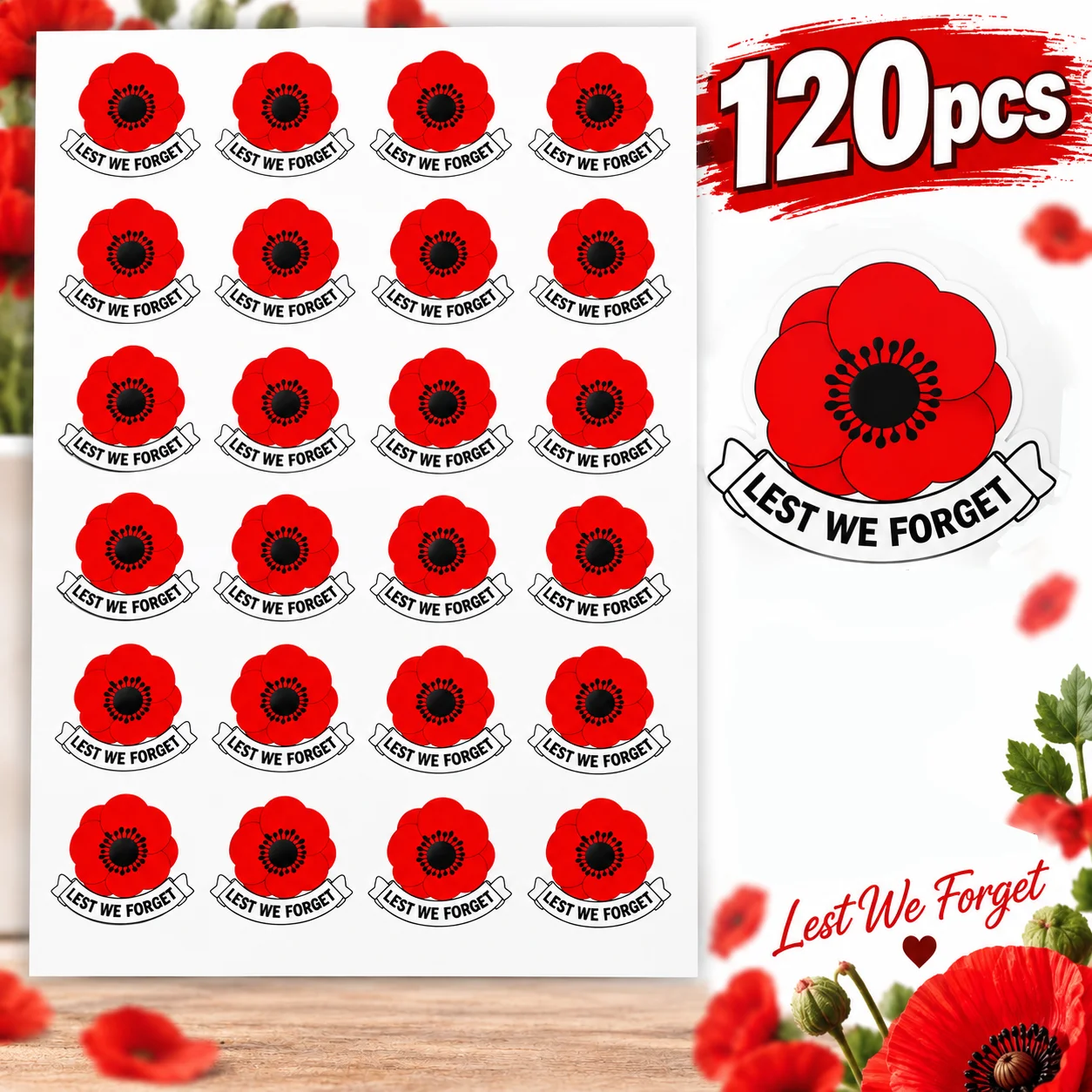 Remembrance Poppy Stickers 120Pcs Lest We Forget Self Adhesive Paper Stickers Red Poppy Flower Decal for Remembrance Day Memoria