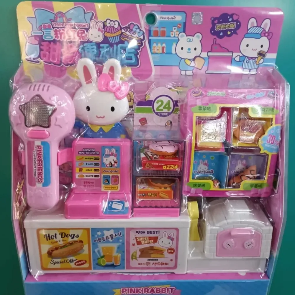 Figuras de conejo rosa, refrigerador de cocina, Mini mesa de maquillaje, carrito de compras para fiesta, equipo médico simulado, juego de escena, juguete