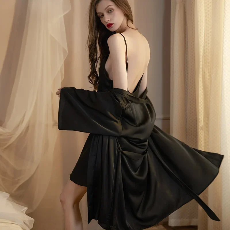 

Однотонное шелковистое атласное ночное платье с распашным воротником на бретельках, мешковатая одежда для сна, женский комплект ночной рубашки, кимоно, халат, ночная рубашка